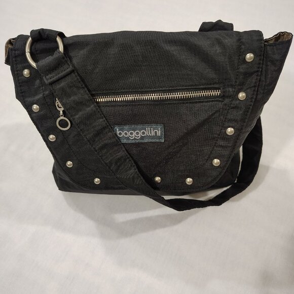 BAGGALLINI Studded Shoulder Tote Handbag Black Nylon Purse Light Weight Pockets - Picture 2 of 16